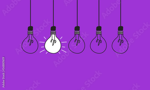 Light bulb next to other bulbs on a purple background. Concept of women's leadership in the world of work. Enterprising women. Vector illustration