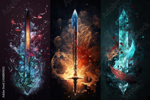 Three magical fantasy swords of the elements, Generative AI
