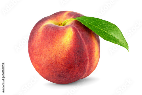 Fényképezés Peach with leaf isolated on white background.