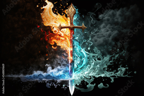 Magic fantasy sword of the four elements, fire, water, earth, air, Generative AI