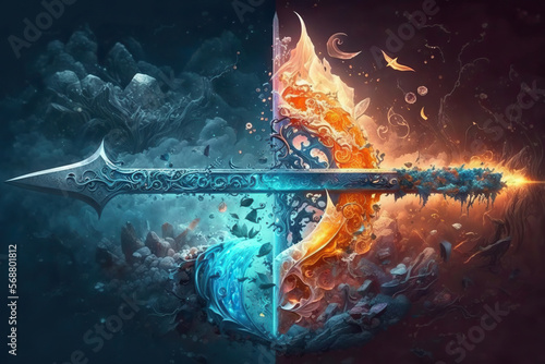 Magic fantasy spear of the elements, fire and water, Generative AI photo