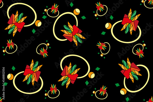 Seamless pattern in japanese style with creative rings on black background. Endless backdrop with jewelry. Website banner for jewelry store.
