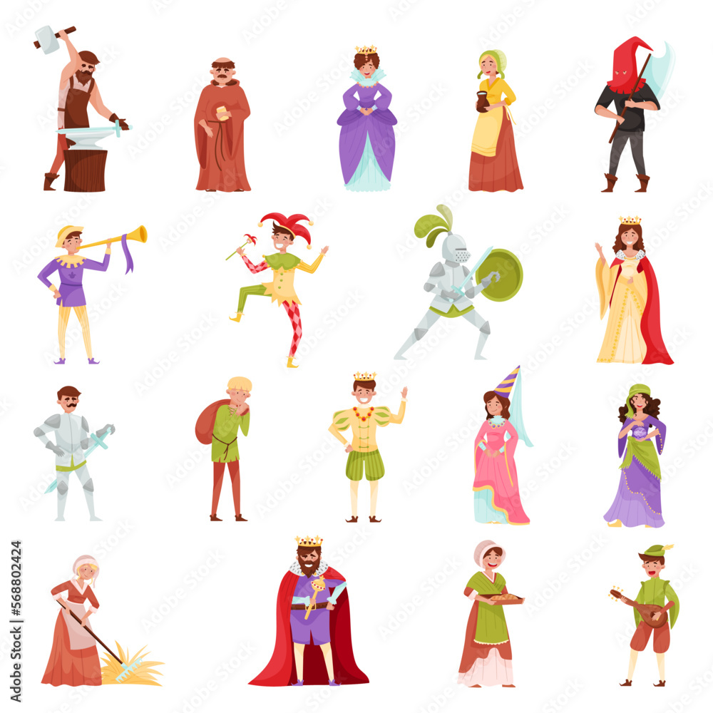 Middle Ages Century People Characters Big Vector Illustration Set