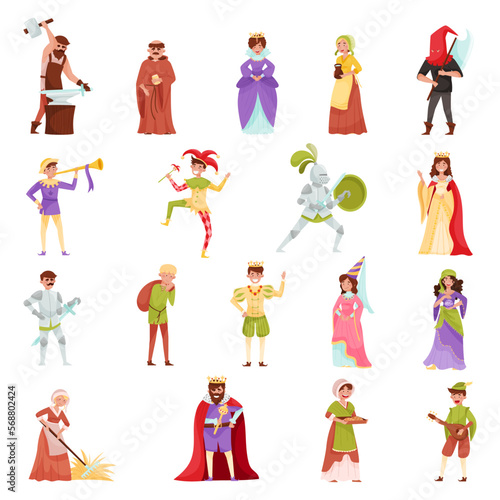 Middle Ages Century People Characters Big Vector Illustration Set