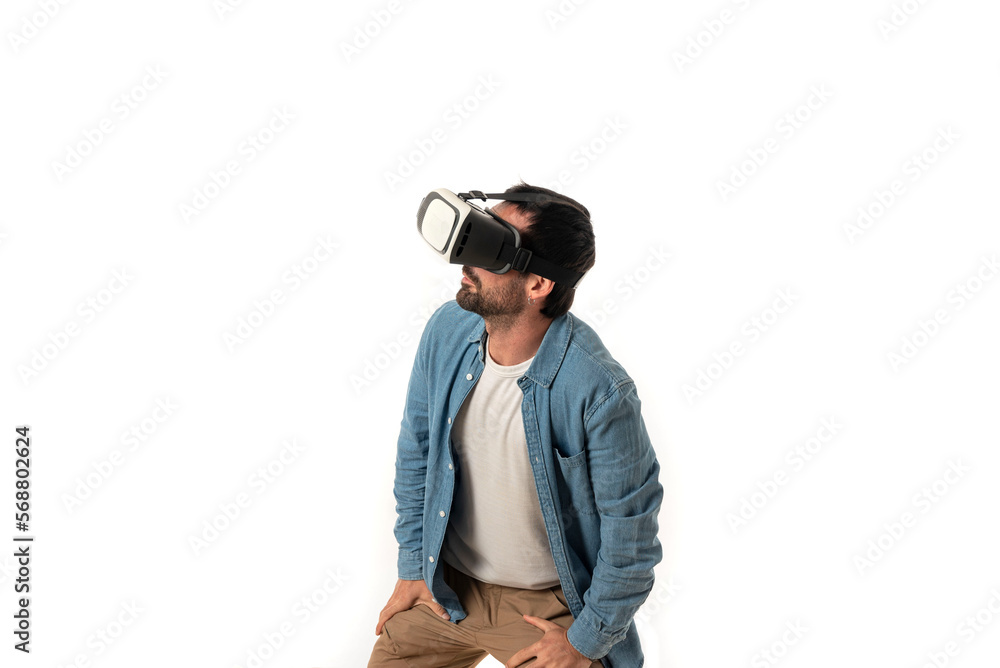 amazed man wears VR glasses isolated on white background, technology evolution concept amazed man wears VR glasses isolated on white background, technology evolution concept