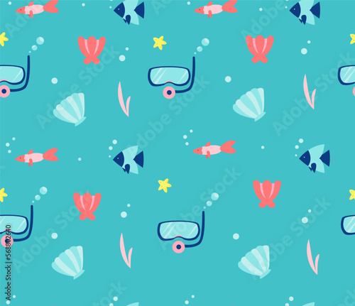 sea seamless pattern. nautical template for fabric, paper, prints. cartoon flat style