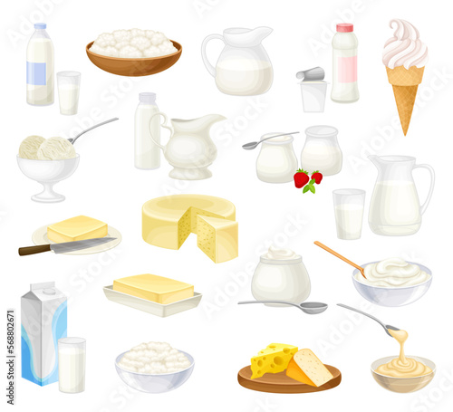 Dairy Products with Cottage Cheese, Milk, Butter, Yoghurt and Ice Cream Big Vector Set