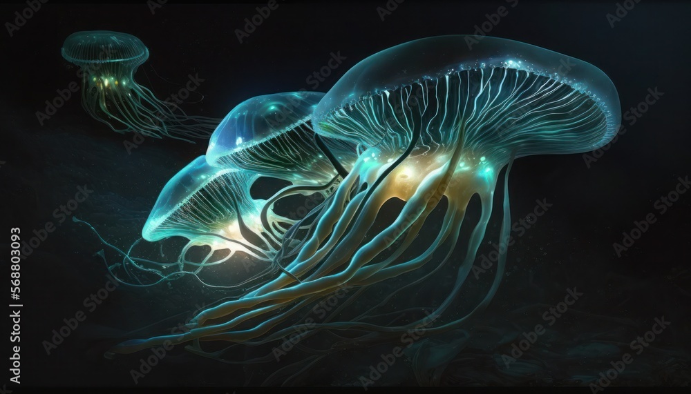 Fantastic bioluminescent micro organisms. Beautiful, fantasy background. Generative AI. Fantastic bioluminescent micro organisms. Beautiful, fantasy background. Generative AI.