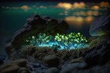 Fantastic bioluminescent unicellular algae. Beautiful, fantasy background. Generative AI.