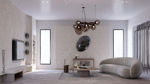 3d rendering,3d illustration, Interior Scene and  Mockup,Living Room Interior design,The large sofa in the room uses bright colors.