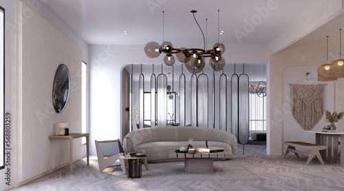 3d rendering,3d illustration, Interior Scene and  Mockup,Living Room Interior design,The large sofa in the room uses bright colors.