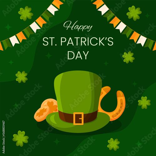 Vector square template greeting card for Saint Patrick's Day on 17 March. Hat, horseshoe, golden coins and clovers on green background illustration. Flyer for celebrate event and social media