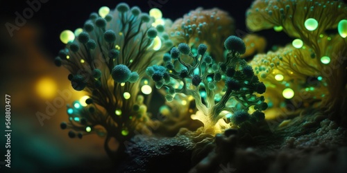 Fantastic bioluminescent unicellular algae. Beautiful  fantasy background. Generative AI.