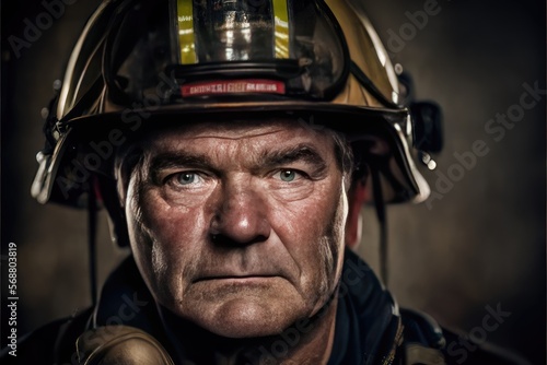 Generative AI illustration of mature firefighter in helmet