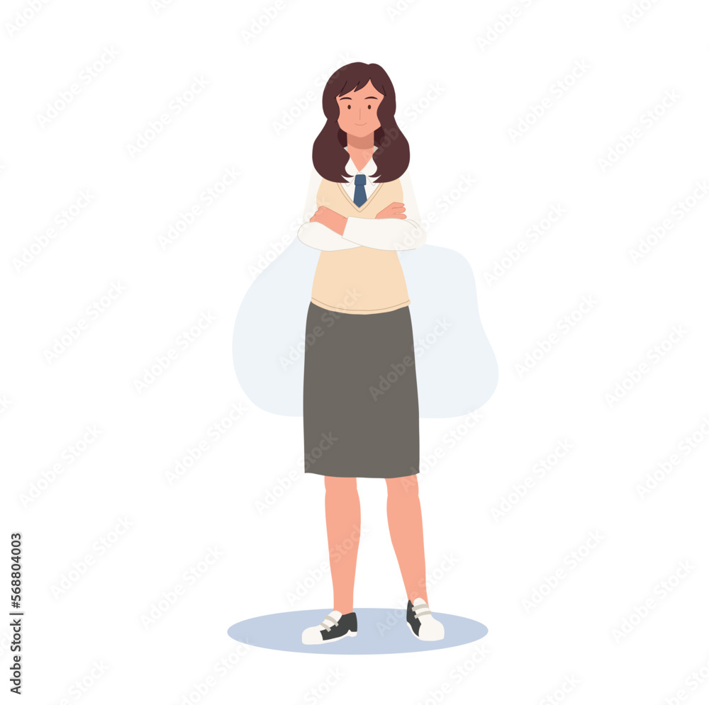 Learning and Education concept. Korean student character. Full length of female student in school uniforms Learning and Education concept. Korean student character. Full length of female student in school uniforms