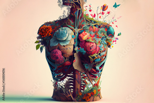 Generative AI illustration of human body model covered with bright flowers