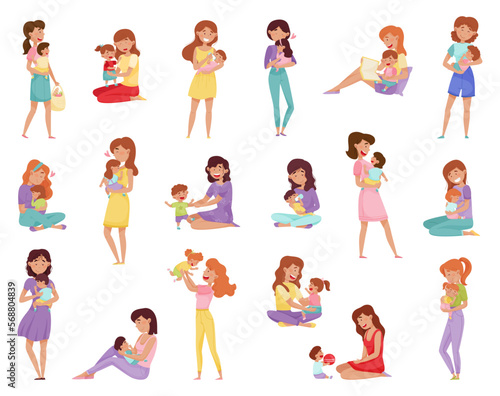 Happy Young Mom with Kids Nursing and Babysitting Big Vector Set