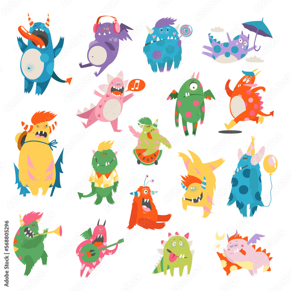 Obraz premium Comic Monsters with Horns and Wings Playing Trumpet and Having Fun Big Vector Set