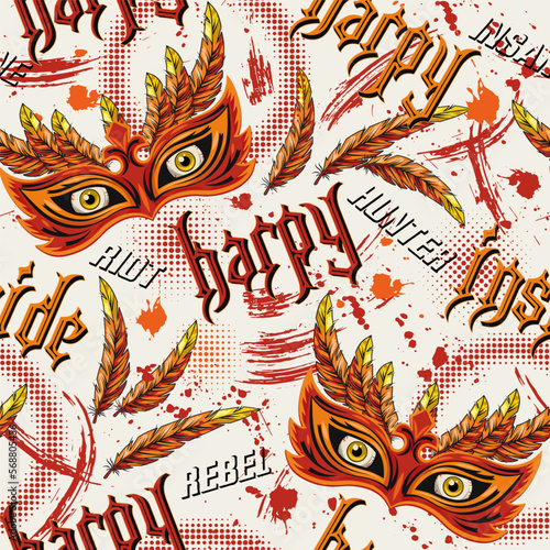 Pattern with scary masquerade mask, feathers, yellow eyes behind, text Harpy inside. Concept of insane rebellious character, inner strenght For prints, clothing, t shirt, surface design