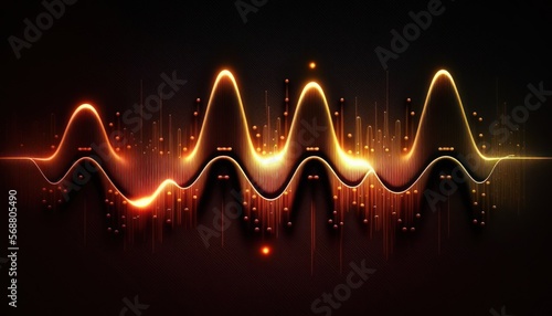 futuristic graphic element of a digital equalizer displaying a dynamic abstract composition of sound waves background, visualizing the pulse frequency modulation of music.
