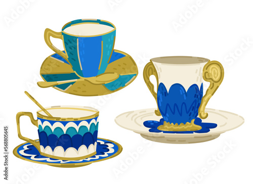 Vector collection of three different cups. Blue, golden and white. Isolated on white background.