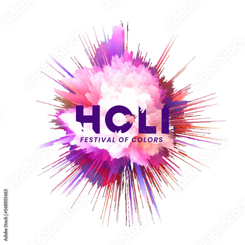 Happy Holi Indian festival celebration. Abstract dynamic colorful splash in white background.