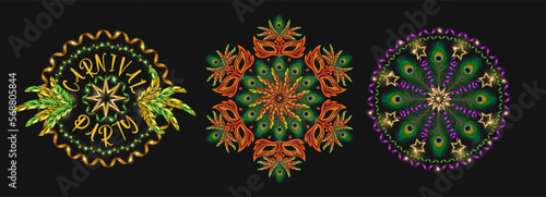 Set of 3 round patterns like mandala with masquerade masks, feathers, beads, ribbons. Carnival decoration in vintage style on black background. For prints, clothing, t shirt, holiday goods