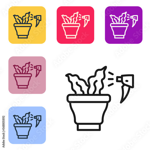 Black line Spraying a house plant with a spray gun icon isolated on white background. Moistening of foliage. Care for home flowers. Set icons in color square buttons. Vector