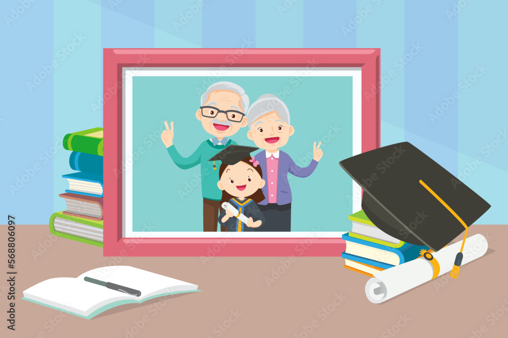 Graduation kids girl and Grandparents in photo frame Graduation kids girl and Grandparents in photo frame