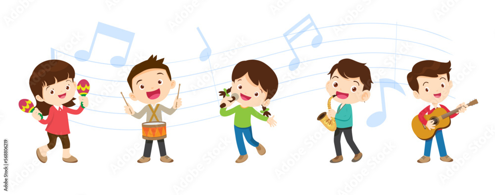 Play music concept of children group.Cartoon dancing kids and kids with musical instruments.cute child musician various actions playing music Play music concept of children group.Cartoon dancing kids and kids with musical instruments.cute child musician various actions playing music