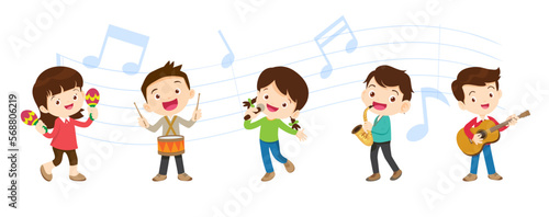 Play music concept of children group.Cartoon dancing kids and kids with musical instruments.cute child musician various actions playing music