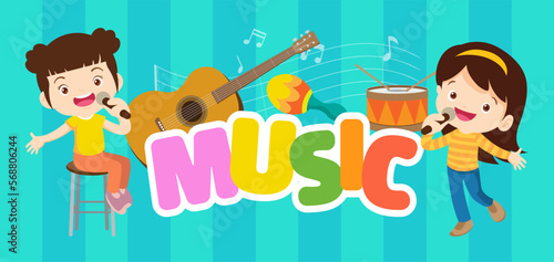 Play music concept of children group.Cartoon dancing kids and kids with musical instruments.cute child musician various actions playing music