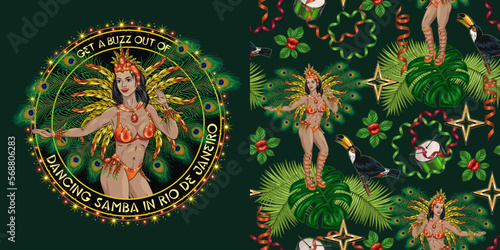 Set of label, seamless pattern for masquerade, carnival decoration. Samba female dancer, mask, drums, tropical plants dark background. For prints, clothing, t shirt, holiday goods, stuff.