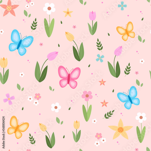 Spring flower pattern tulips cherry blossom and butterflies