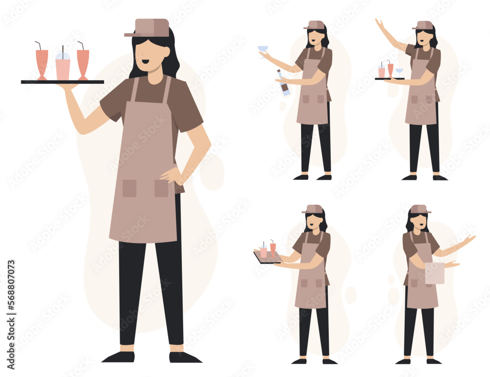 Obraz premium set of waitress in cartoon character different actions vector
