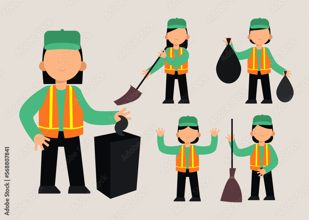 set of Cleaning staff woman in cartoon character with different actions vector illustration set of Cleaning staff woman in cartoon character with different actions vector illustration