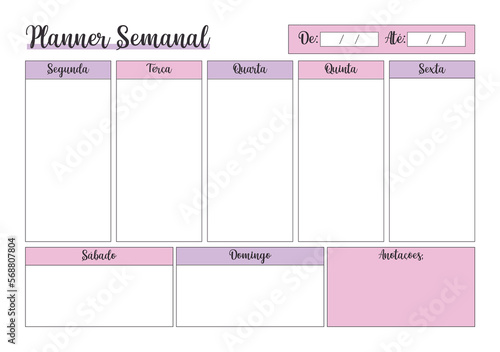 Planner Semanal em Rosa e Roxo