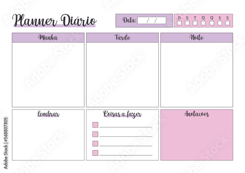 Planner Diário em Rosa e Roxo