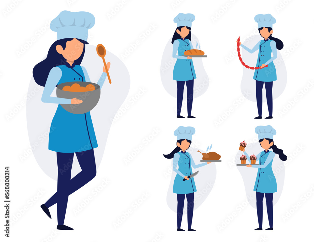 set of female chef cartoon character in different actions vector illustration set of female chef cartoon character in different actions vector illustration