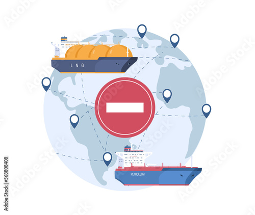 The concept of restrictions on the transportation of oil and lng by ships. Vector illustration.