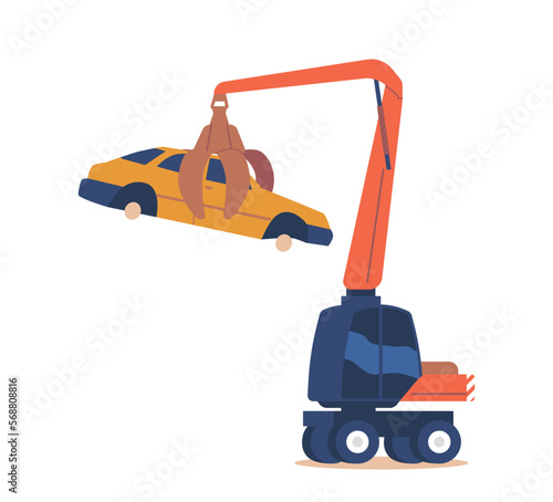Crane Manipulator Machine Lifting and Moving Car without Wheels. Disposal of Used Auto Icon. Cartoon Vector Illustration