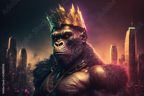Portrait Gorilla king wears a gold crown  ,new you york city on the background ,cyberpunk colored light around ,Generative AI
