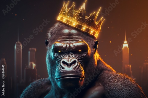 Portrait Gorilla king wears a gold crown ,new you york city on the background ,cyberpunk colored light around ,Generative AI 
