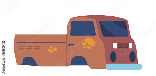 Used Pickup Car without Suspension and Wheels. Broken Vehicle with Rust Coating. Cartoon Vector Illustration, Icon