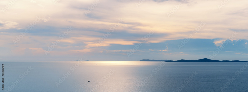 Clouds in sky over seascape on sunny day in Pattaya, Thailand. beautiful landscape of tropical sea water with reflection of sunlight. copy space.