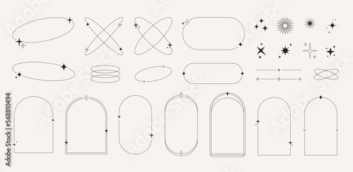 Modern minimalist aesthetic line elements, trendy linear frames with stars, arch frames, geometric forms. Decorative set of vector frames in boho style.