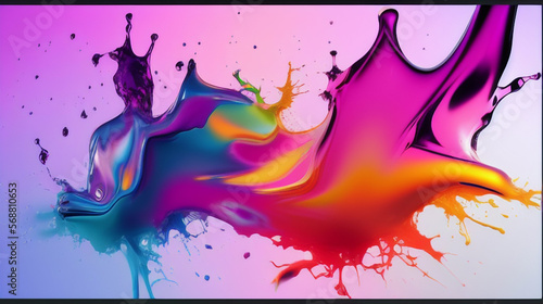 カラフルなペンキや絵の具のアップ　スプラッシュ　水滴、水流　Splashes of colorful paints and paints Water droplets, water streams