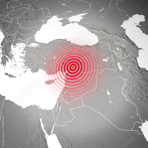 Earthquake map in Turkey and Syria, shake, elements of this image are furnished by NASA. Land struck by a strong earthquake magnitude. 7.8-Magnitude Earthquake Strikes Turkey, 3d rendering photo