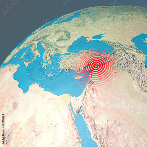 Earthquake map in Turkey and Syria  shake  elements of this image are furnished by NASA. Land struck by a strong earthquake magnitude. 7.8-Magnitude Earthquake Strikes Turkey  3d rendering