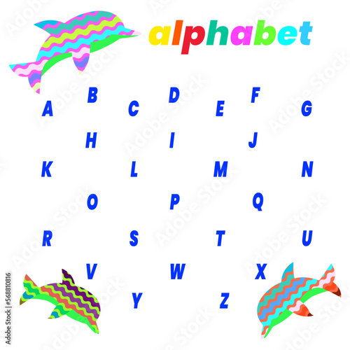 Education. Alphabet. Letters. Vector illustration, order, multicolored school, mathematics, schoolchildren. Dolphins